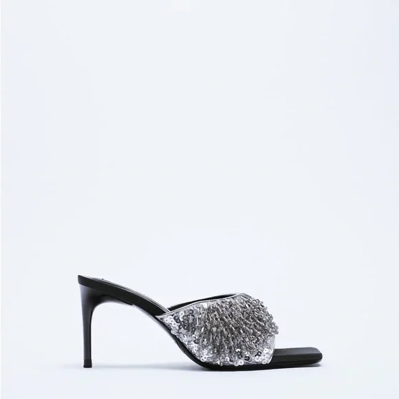 NWT Zara Party Sandals Heels Size 7.5 Open Toe Beaded Sparkly Slip On Sandals - Picture 5 of 11
